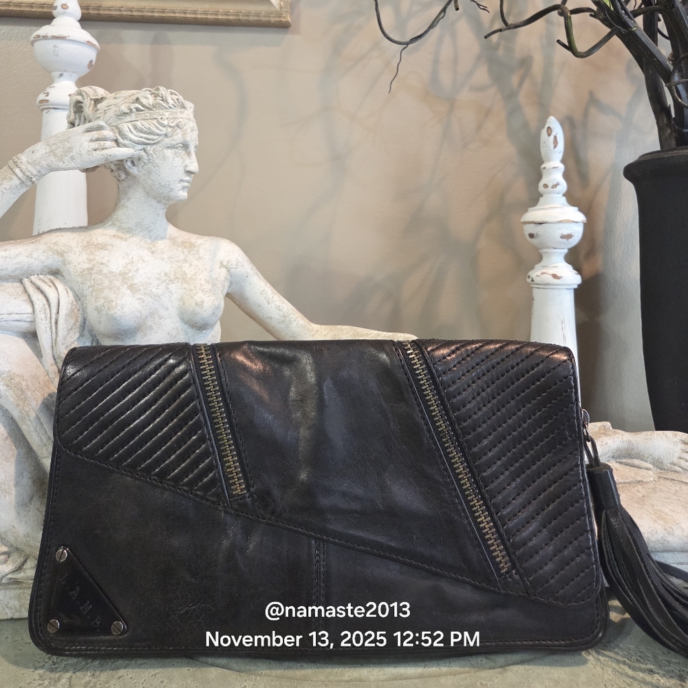 L.A.M.B. Gwen Stefani Expandable Leather Clutch Zipper Tassel Magnetic #182